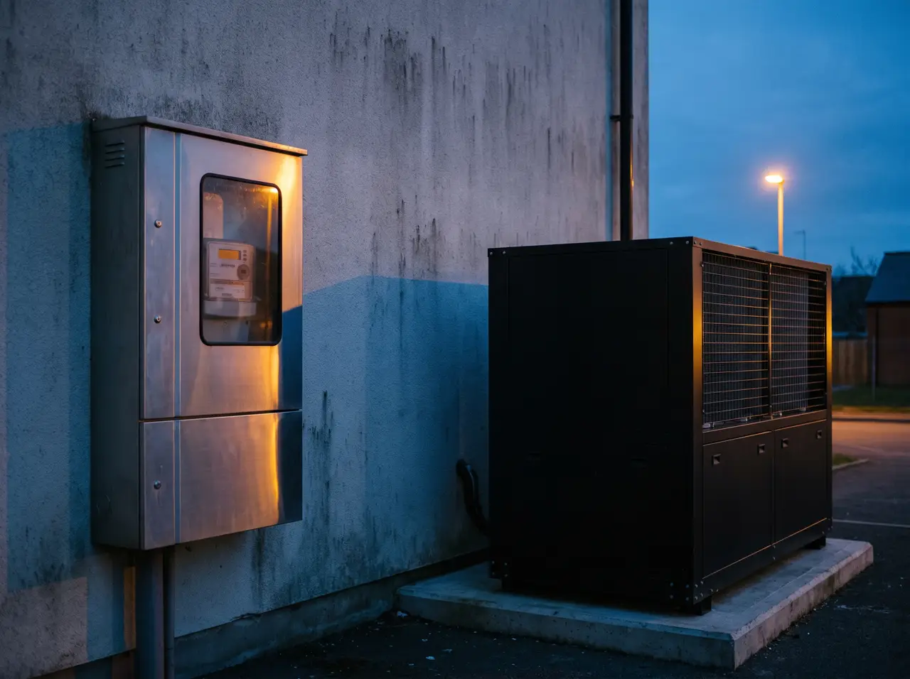 Panel meteran listrik rumah di dinding plester dengan unit chiller berdengung di sampingnya