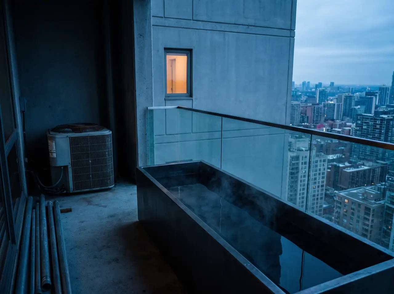 Bak plunge ramping di balkon servis apartemen tinggi dengan unit kondensor terselip di sudut