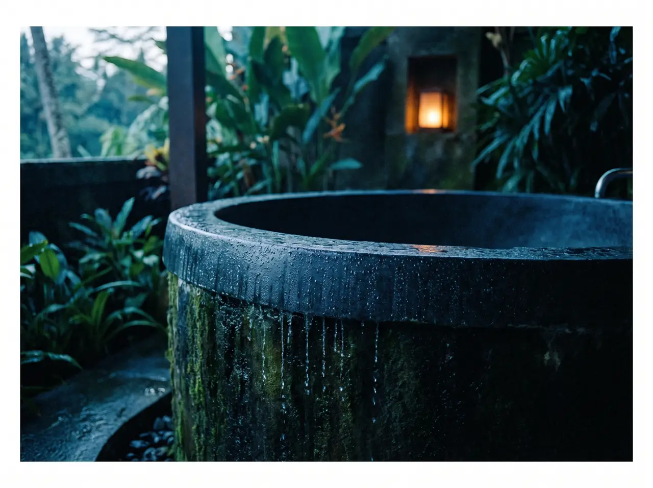 Embun tebal menetes di dinding luar bak es dingin dalam udara tropis lembap