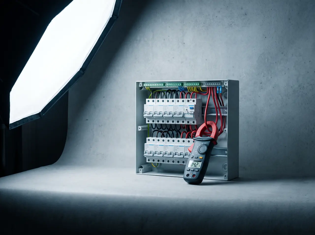 Panel MCB rumah dengan label pada tiap jalur dan clamp meter membaca arus jalur chiller