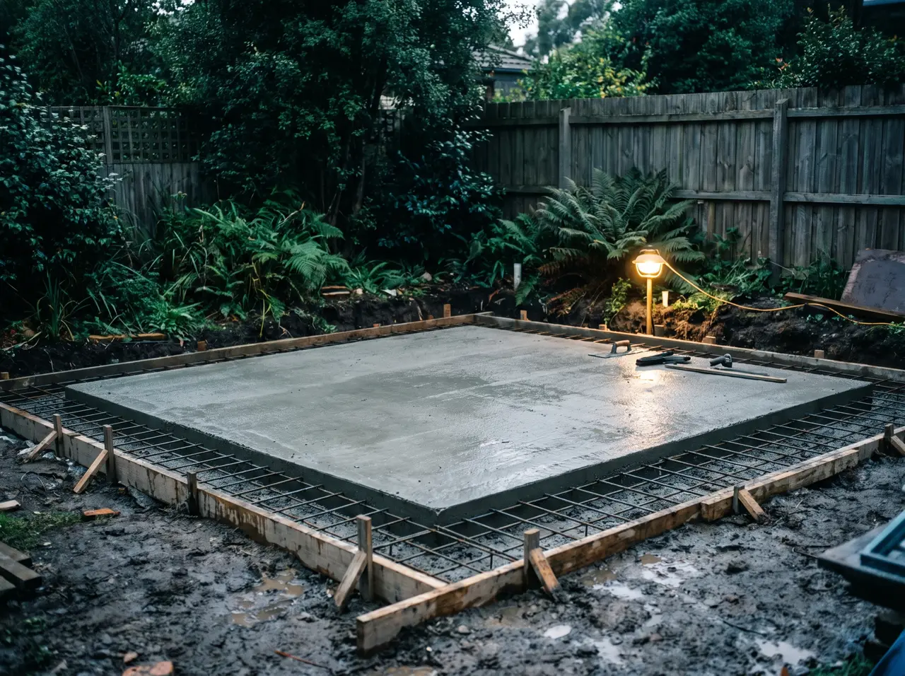 Pelat beton bertulang yang baru dicor dengan wiremesh terlihat di tepinya dan taman di belakang