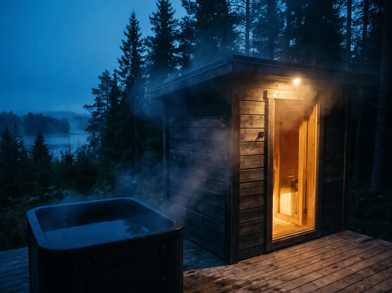 Kabin sauna kayu dengan pintu kaca menyala di samping bak plunge gelap pada satu dek