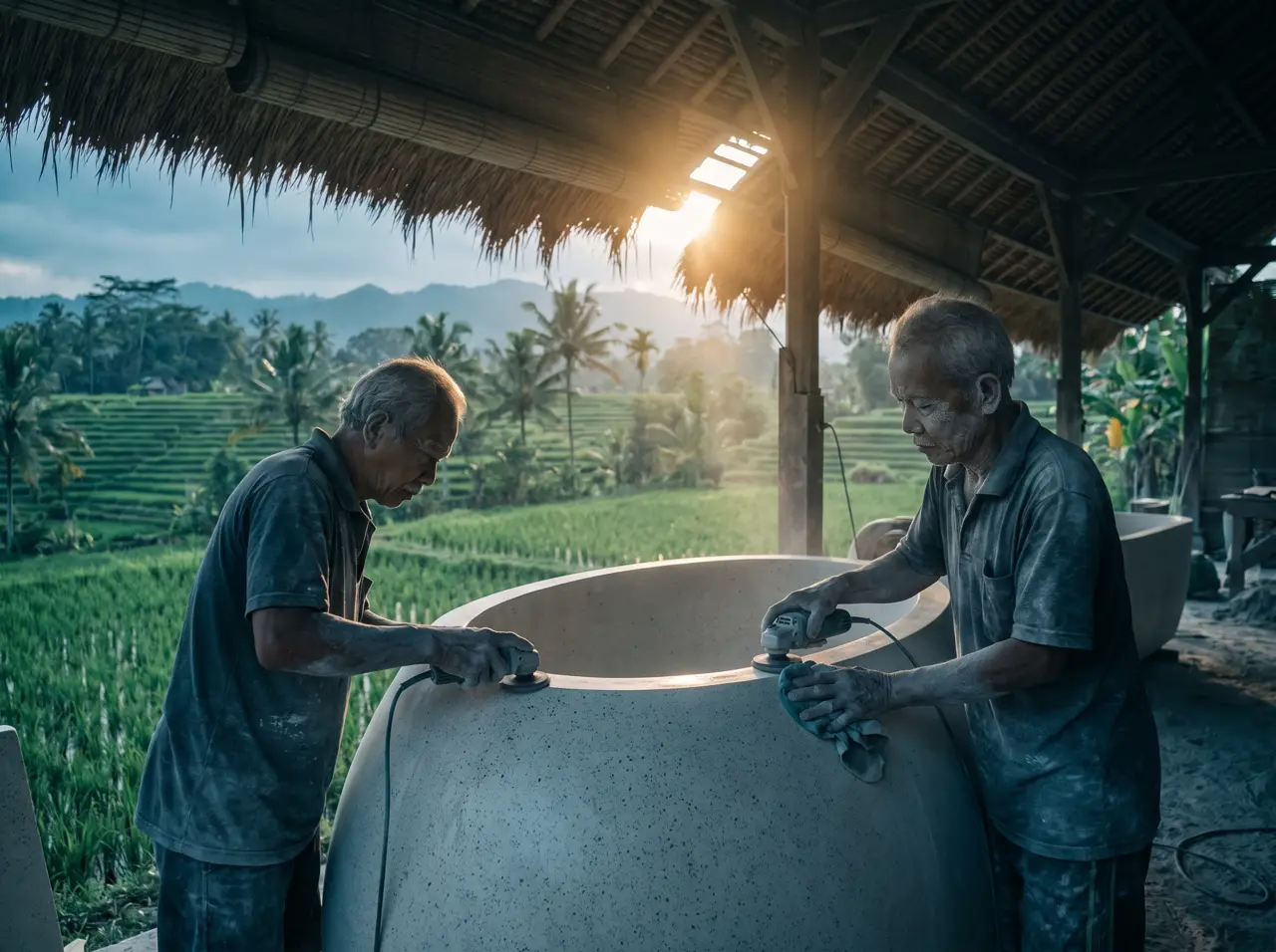 Pengrajin menggosok bodi bak es terrazzo di bengkel Tabanan Bali