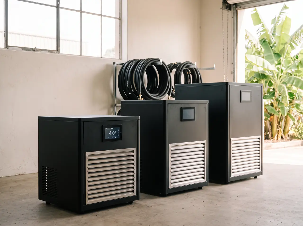 Unit chiller ice bath dengan panel terbuka memperlihatkan kompresor, kondensor dan penukar panas
