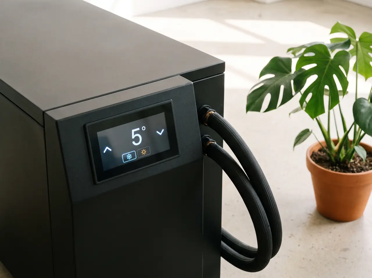 Chiller pendingin dan pemanas dengan panel depan terbuka memperlihatkan penukar panas titanium dan manifold tembaga