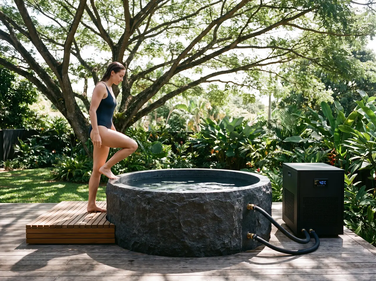 Cold plunge outdoor di panggung kayu di bawah pohon trembesi dengan lampu taman menyala