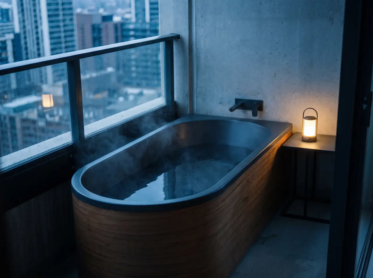 Ice bath akrilik putih di sudut balkon apartemen sempit dengan pagar kaca