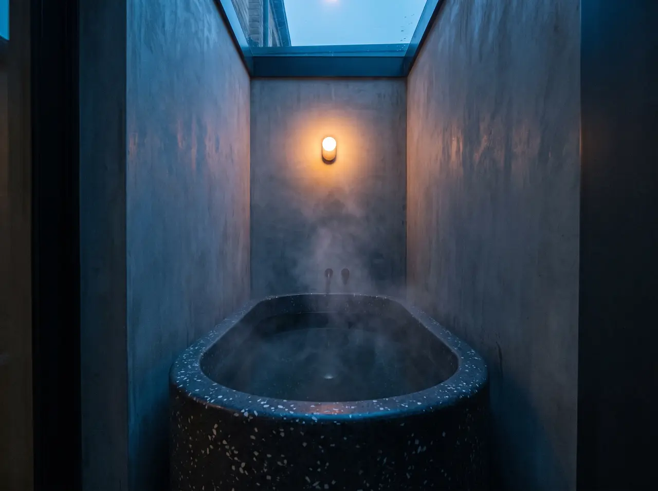 Bak es dan sauna kayu kecil berdampingan di void belakang rumah Alam Sutera