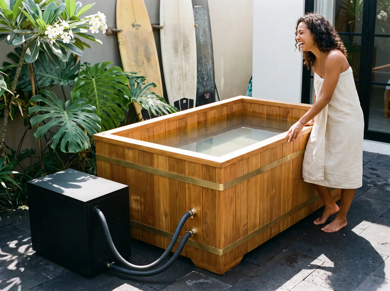 Bak es terrazzo di dek kayu villa Canggu dengan pohon kelapa dan cahaya pagi rendah