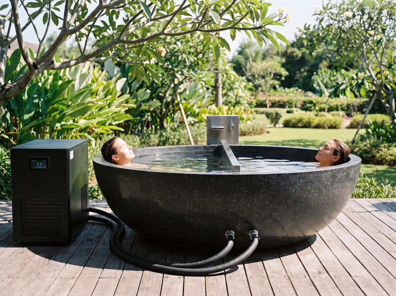 Ice bath duo dua dudukan di dek villa saat fajar dengan dua handuk terlipat di rim