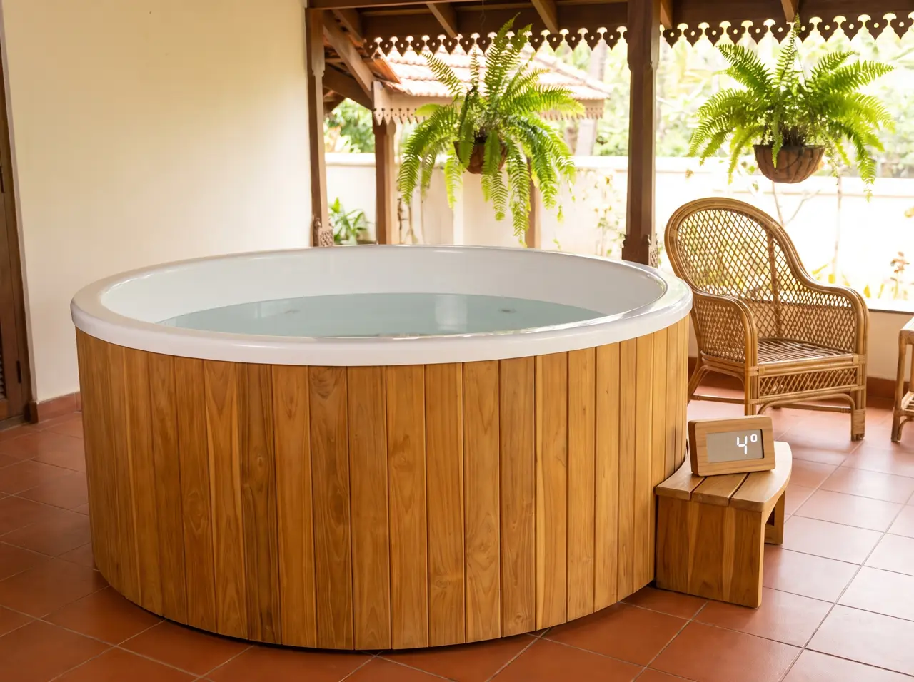 Ice bath kayu jati bundar dengan liner fiberglass putih mulus tanpa sabuk logam di veranda