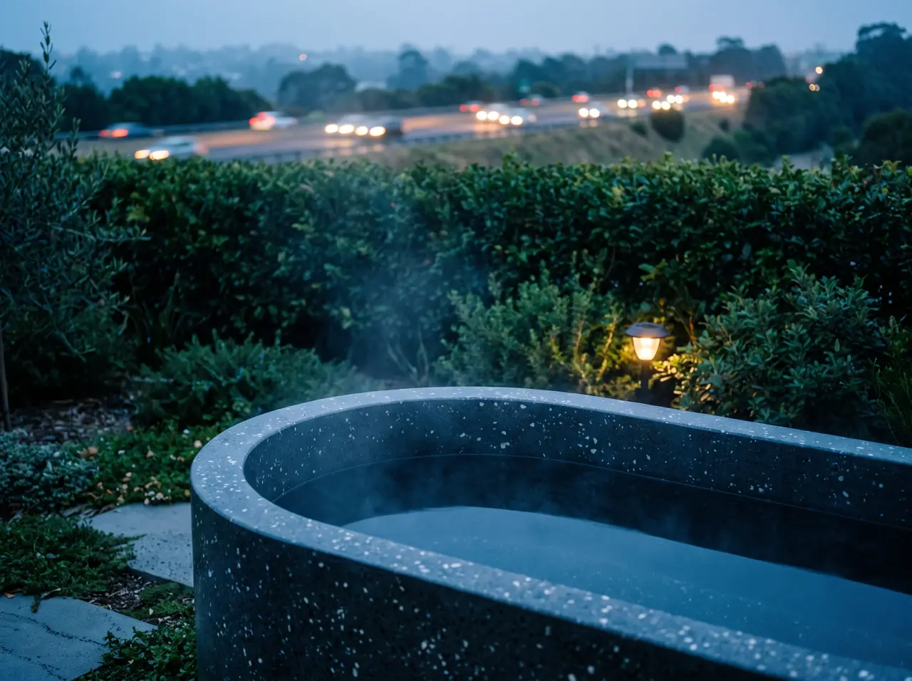 Bak es terrazzo putih di taman belakang rumah cluster Kota Baru Parahyangan yang rata