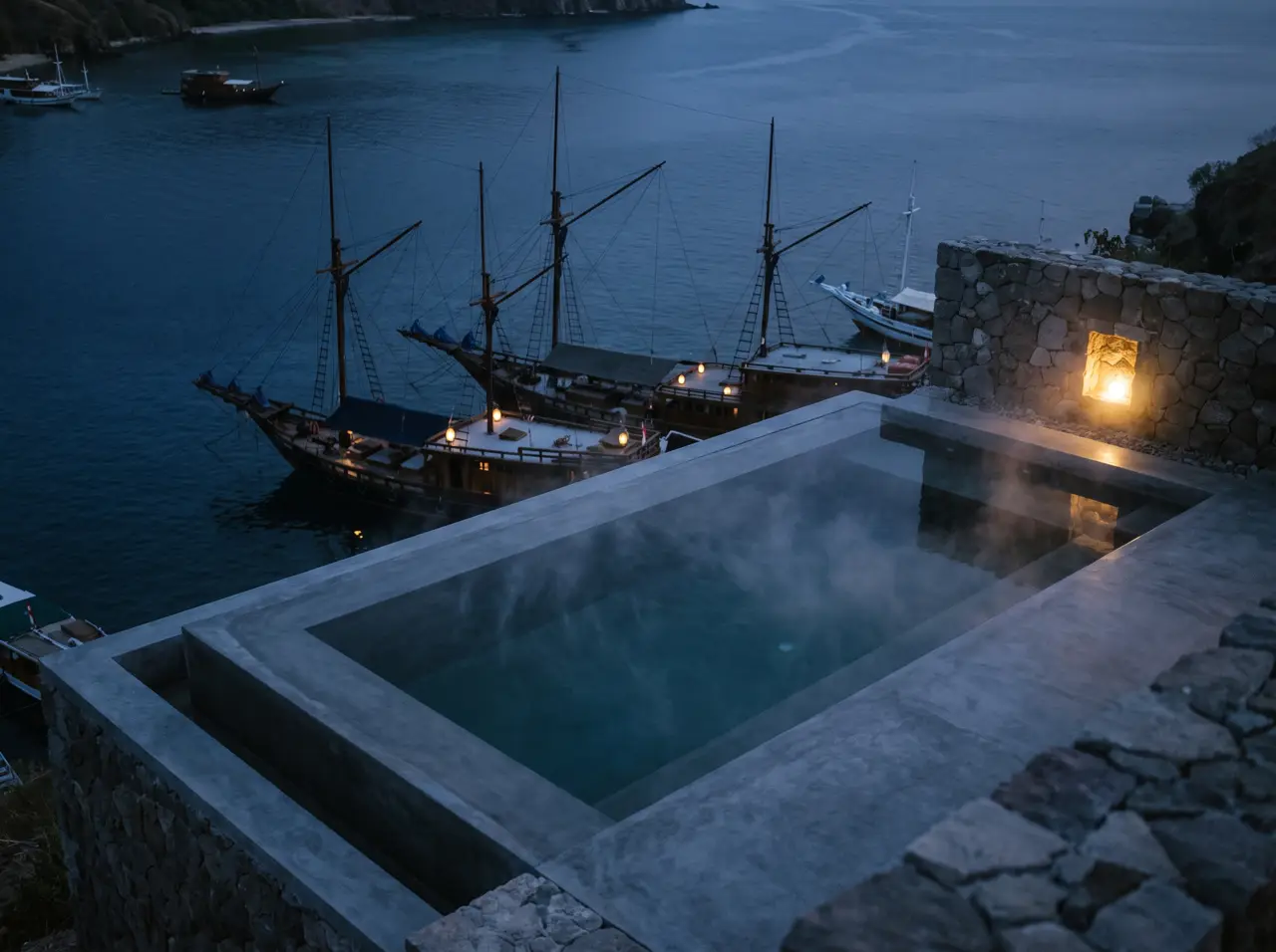 Dark plunge tub on a Labuan Bajo hotel terrace overlooking the harbour and dry islands