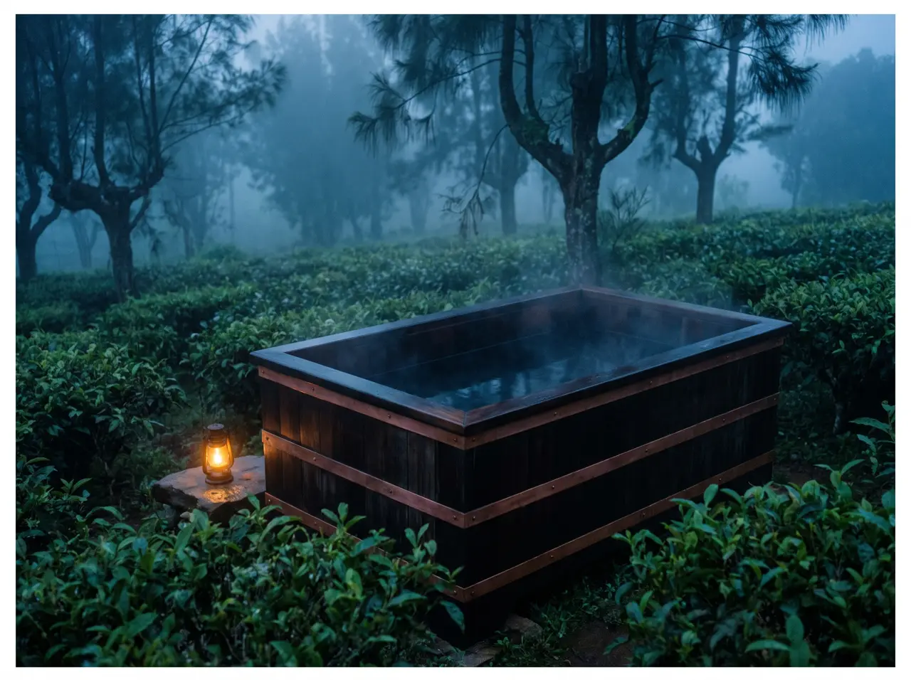 Bak es kayu jati di teras vila Lembang dengan kabut sore turun di kebun teh