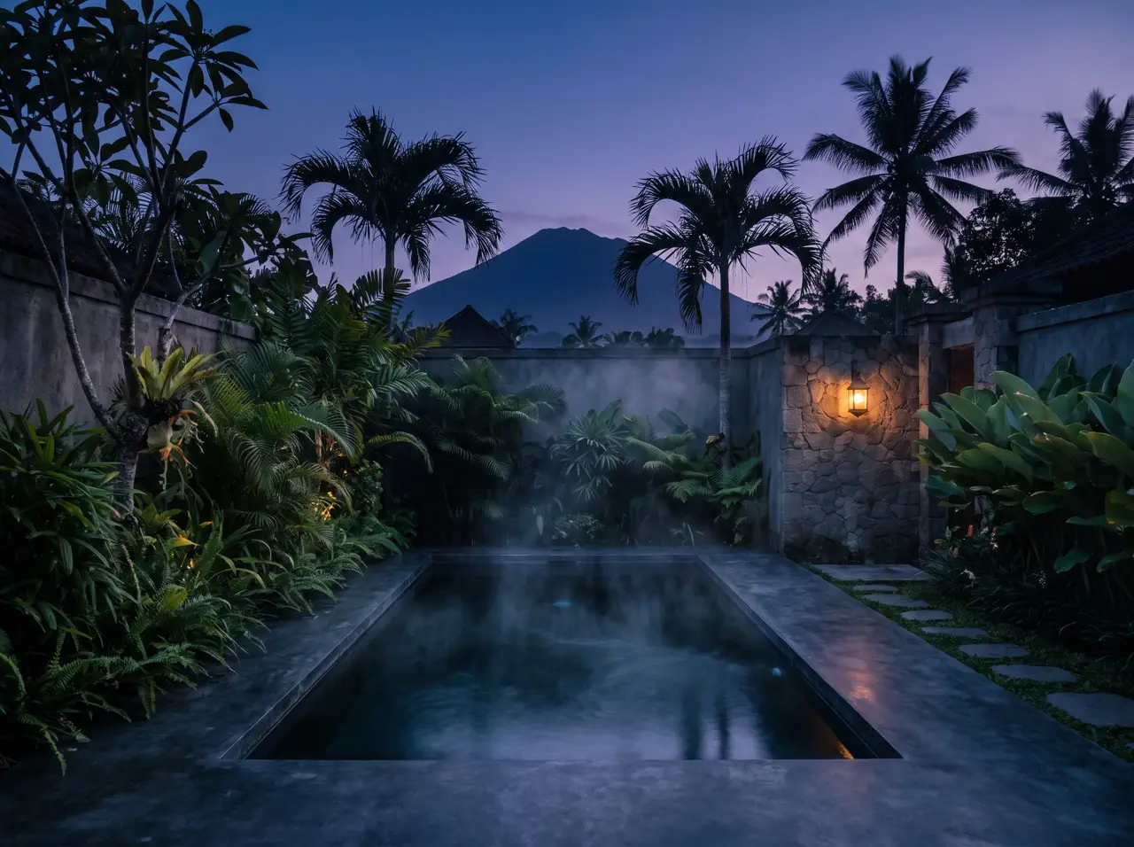 Stainless plunge tub on a Lombok terrace with dry hills behind and a hose coiled on the paving
