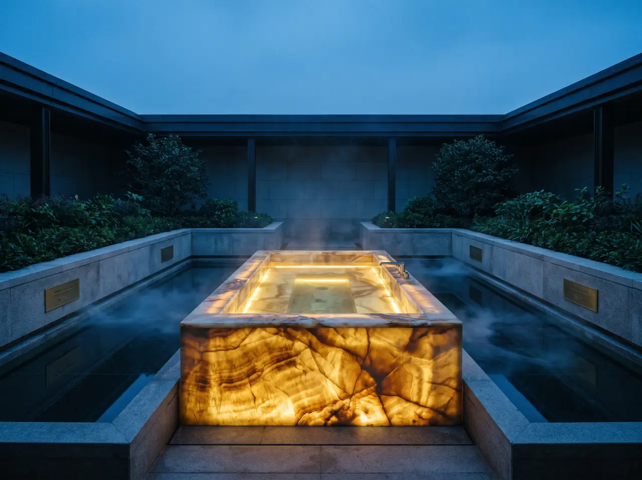 Dua bak es paralel di area spa hotel Nusa Dua dengan dek batu dan payung putih