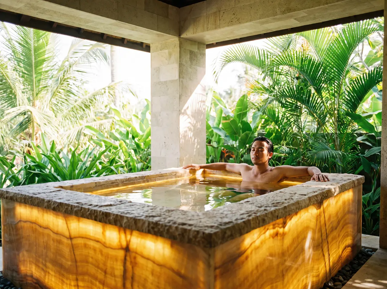 Ice bath onyx berpendar keemasan menjadi satu-satunya sumber cahaya di ruang spa gelap