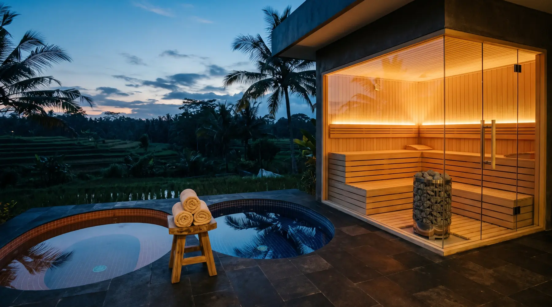 Zona recovery di teras vila Bali saat senja: sauna kaca sudut, kolam plunge terakota hangat dan kolam mosaik indigo dingin