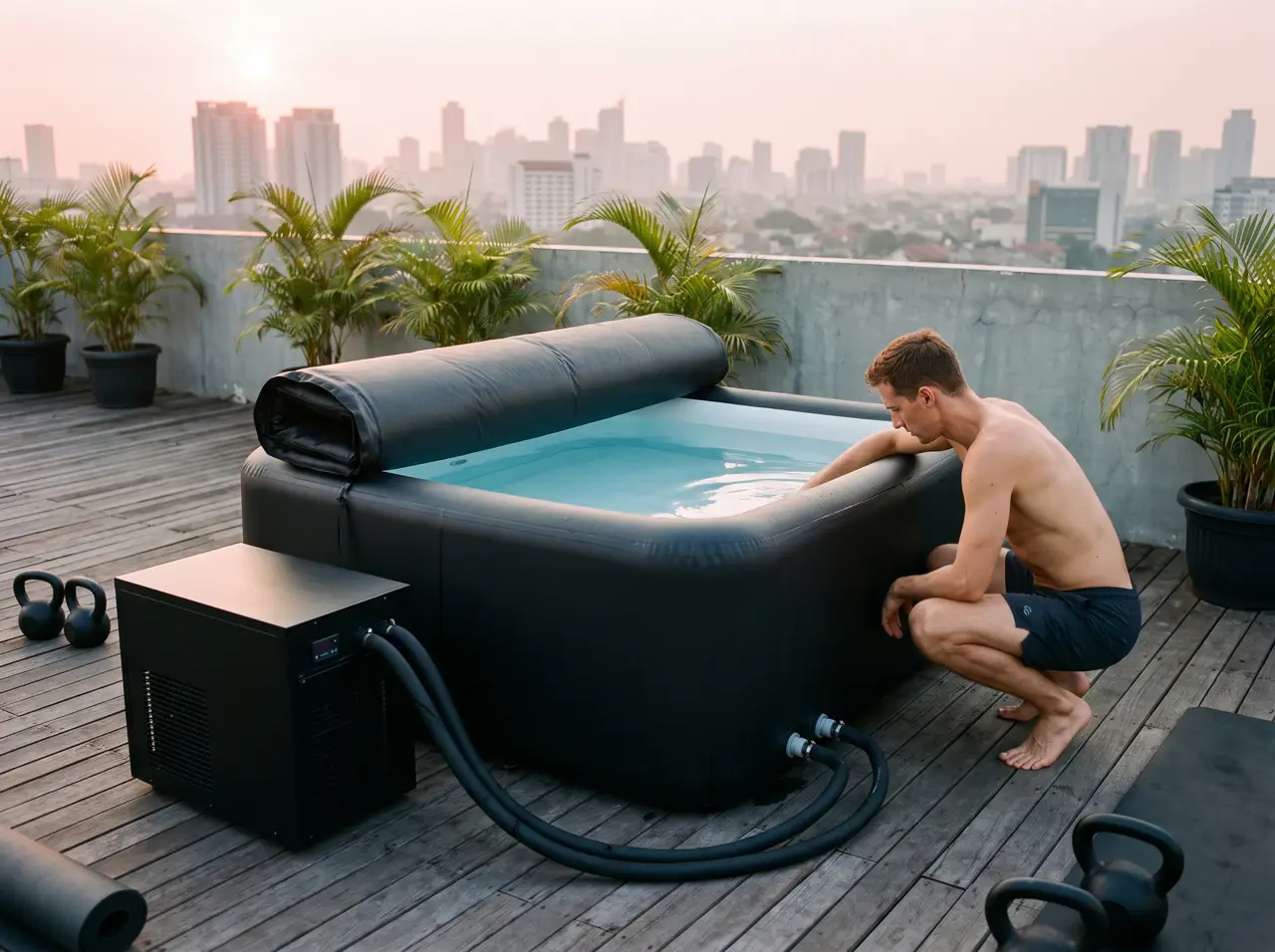 Ice bath portable hitam di rooftop dengan tutup tergulung setengah dan tas perlengkapan