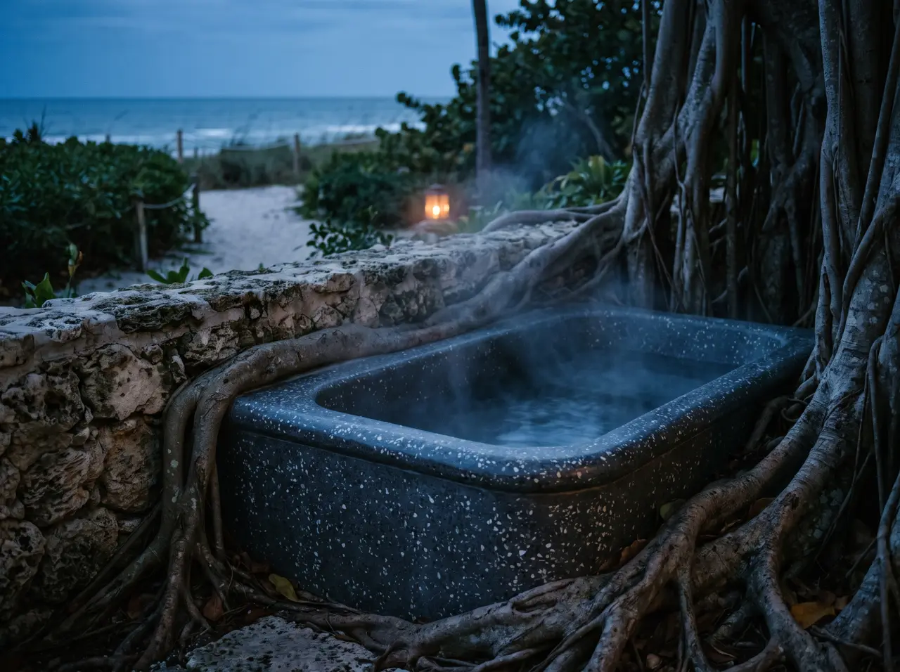 Bak es dengan tangga landai dan pegangan stainless di taman rumah Sanur dekat pantai