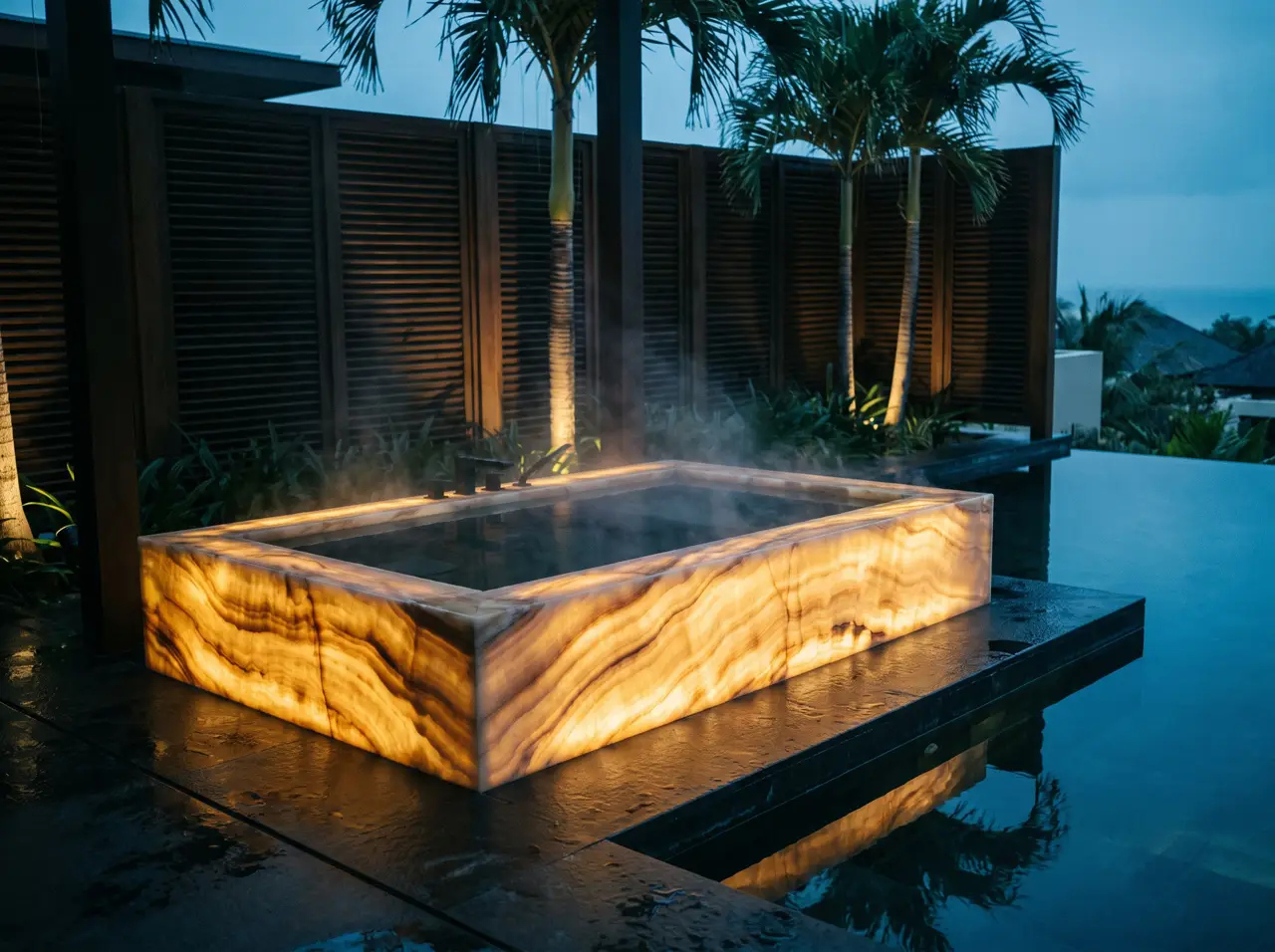 Bak es stainless di halaman belakang villa Seminyak dengan dinding putih dan tanaman frangipani