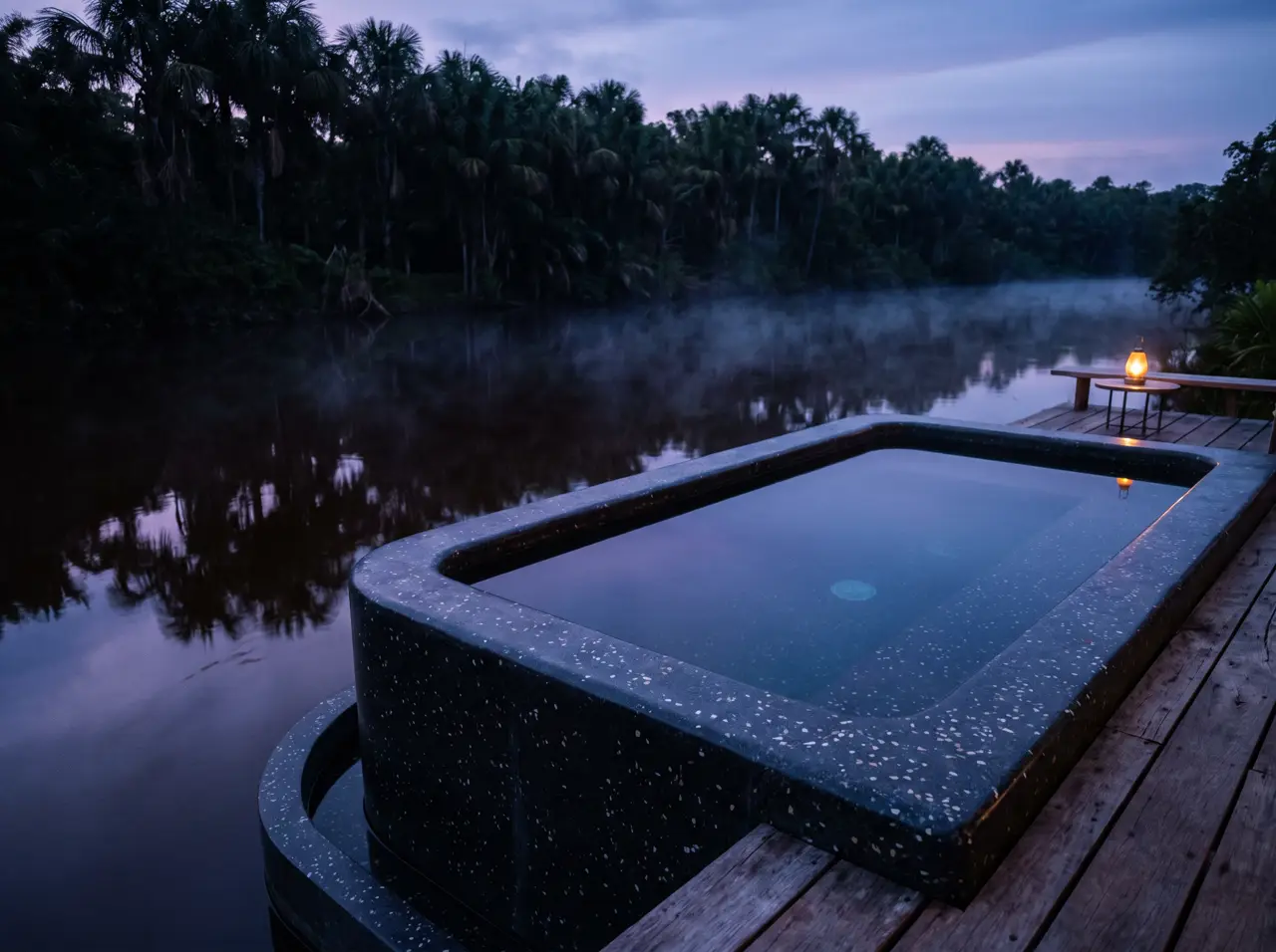 Bak es terrazzo dengan tabung filter kalsit dan prefilter sedimen terpasang di dinding samping