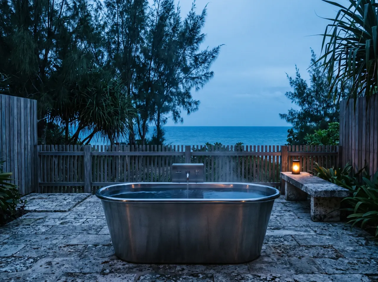 Bak es terrazzo di dek kayu resort tepi pantai Bintan dengan tabung filter di dinding servis