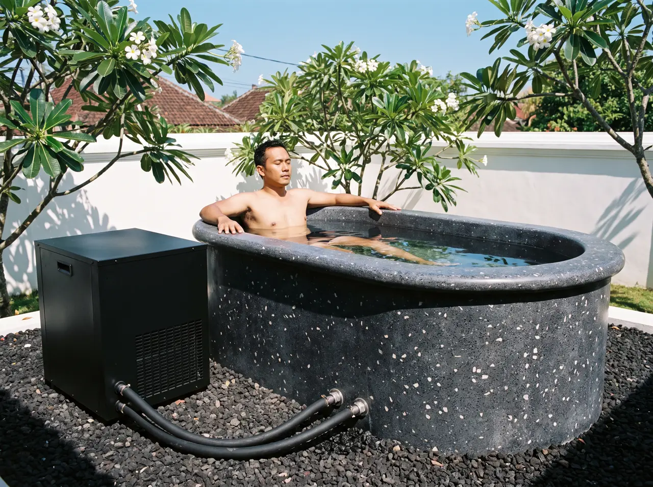 Bodi ice bath terrazzo abu terang dengan agregat marmer terbuka di halaman berkerikil vulkanik