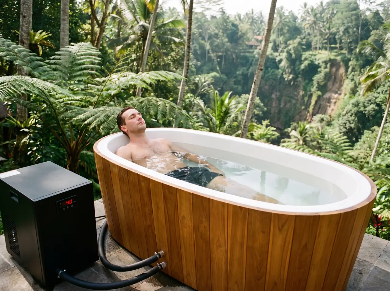 Bak es batu di tepi lembah Ubud dengan pohon kelapa dan tangga turun ke sungai
