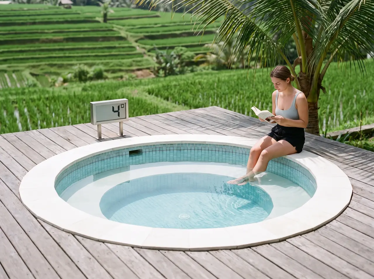 Kolam plunge dingin mosaik biru langit di dek vila Bali dengan sawah terasering di belakang