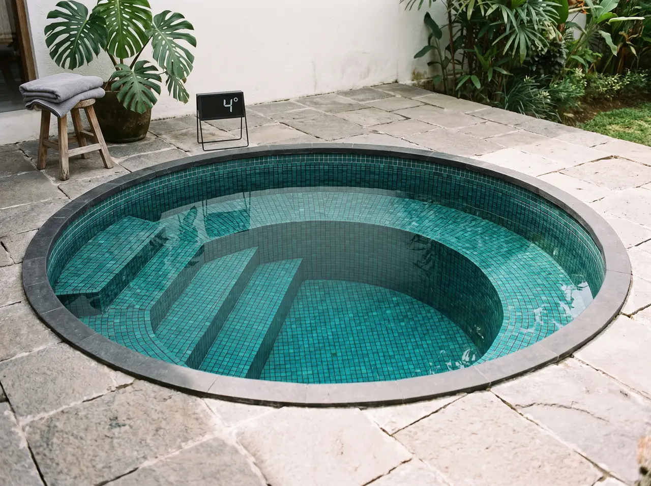 Kolam plunge dingin bundar mosaik teal rata dengan lantai batu andesit, anak tangga dalam air