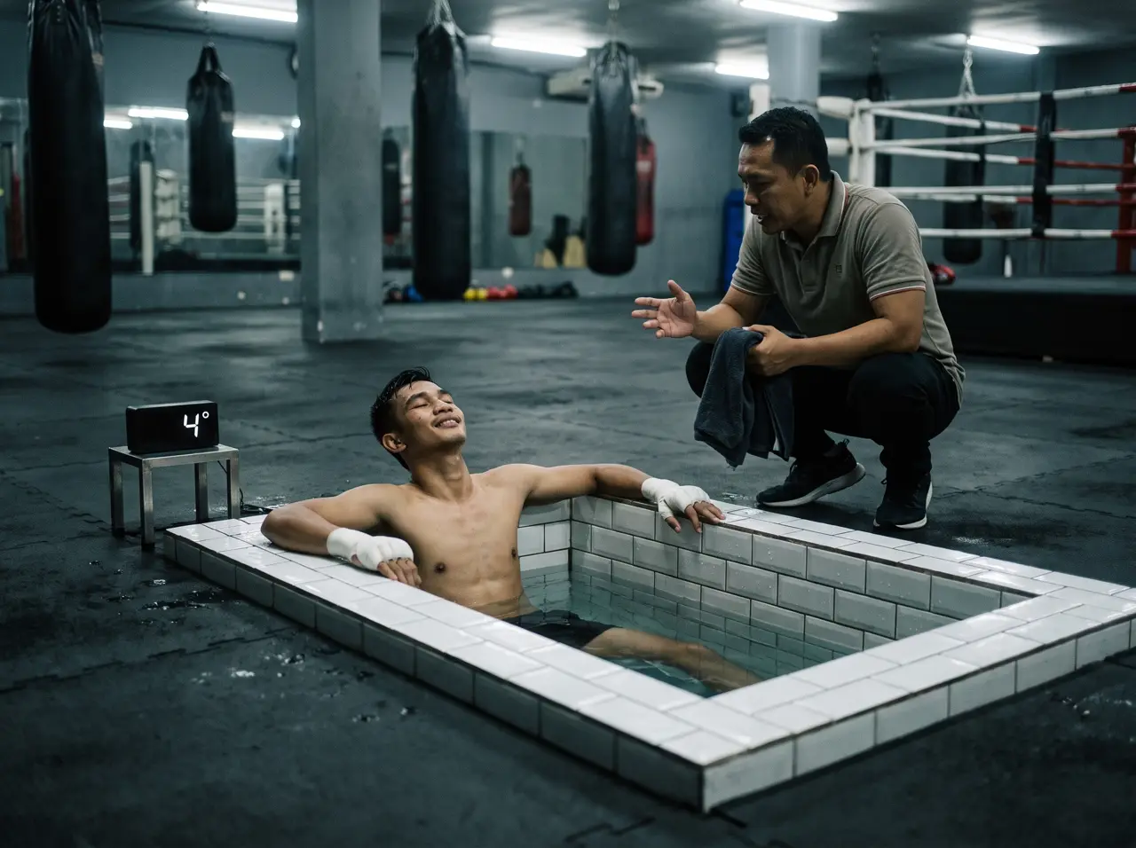 Kolam plunge persegi panjang ubin putih di gym tinju Surabaya, petinju beristirahat di air