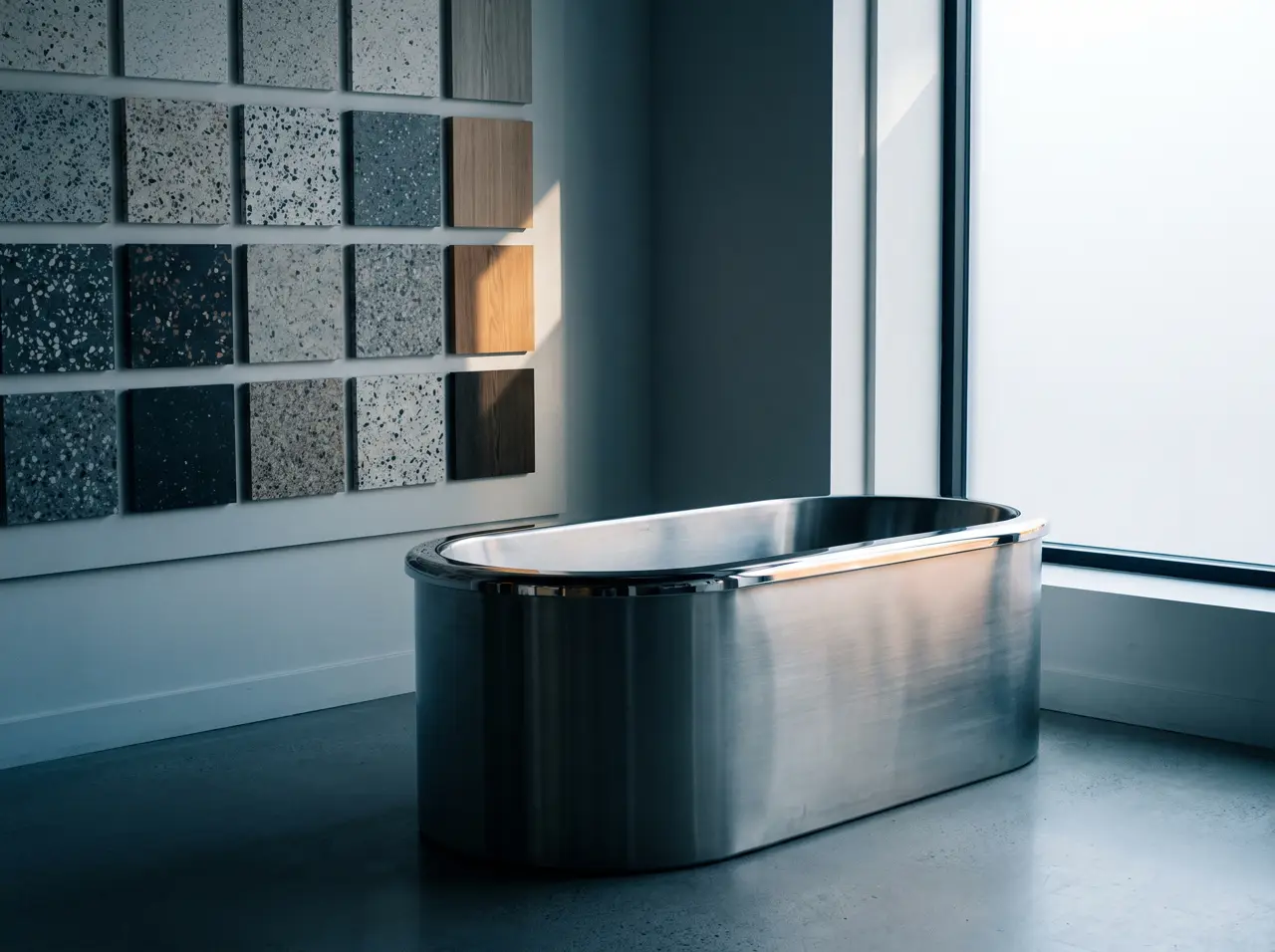Bak es stainless 316 di sudut showroom dengan dinding contoh terrazzo dan kayu