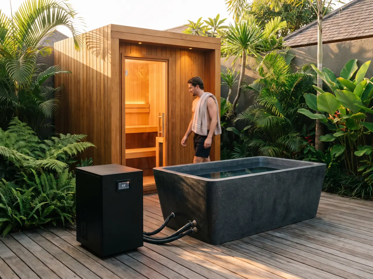 Kabin sauna kayu gelap berpintu kaca di samping ice bath terrazzo di satu dek saat senja