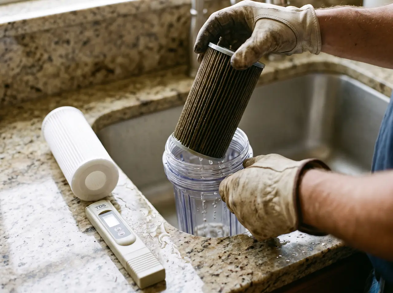 Baki alat servis di rim bak es: meter TDS, strip pH, kartrid filter, sisir sirip
