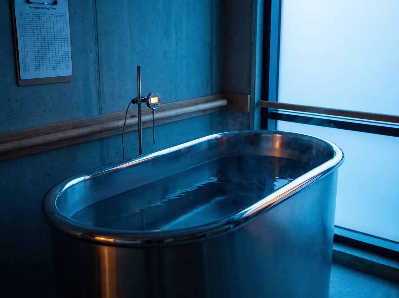 Ice bath stainless 316 di ruang pemulihan klinik fisioterapi dengan pegangan tetap dan lantai karet