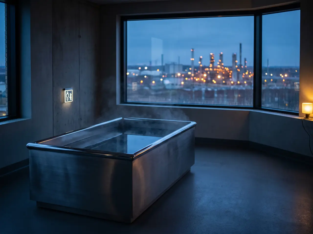 Bak es stainless 316 di ruang wellness kantor Balikpapan dengan panel listrik di dinding