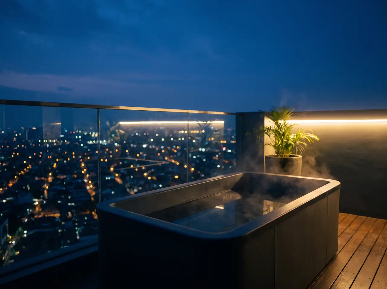 Bak es marmer di balkon penthouse Jakarta dengan garis kota di kejauhan saat senja