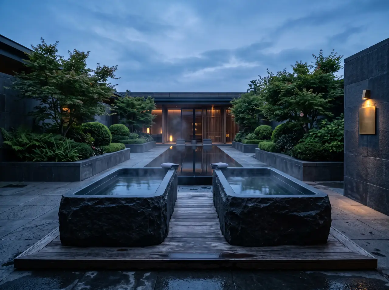 Dua bak cold plunge tanam berdampingan di dek batu spa resort saat pagi
