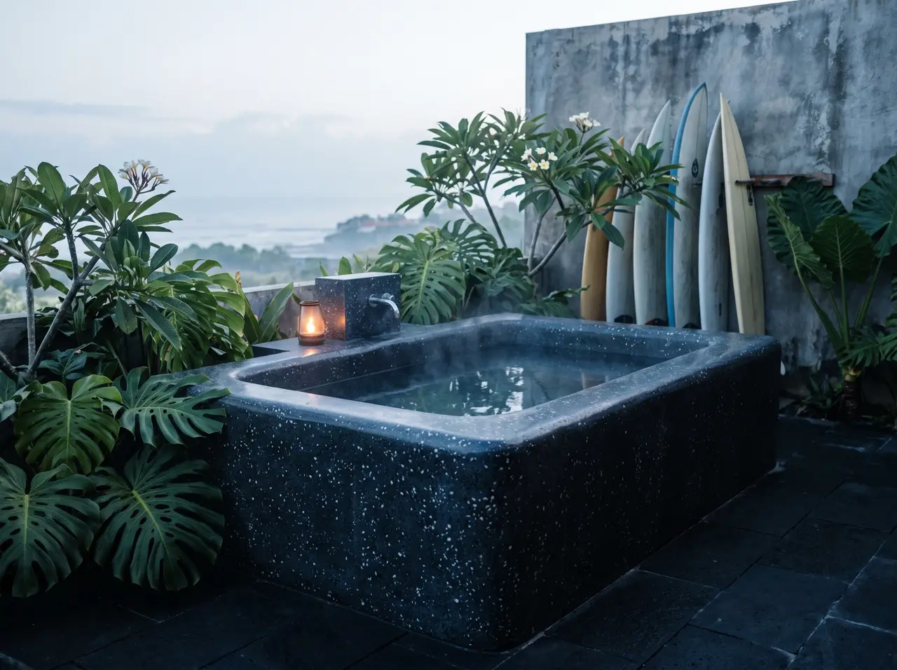Bak es terrazzo gelap di dek kayu villa Canggu dengan tanaman heliconia di belakang