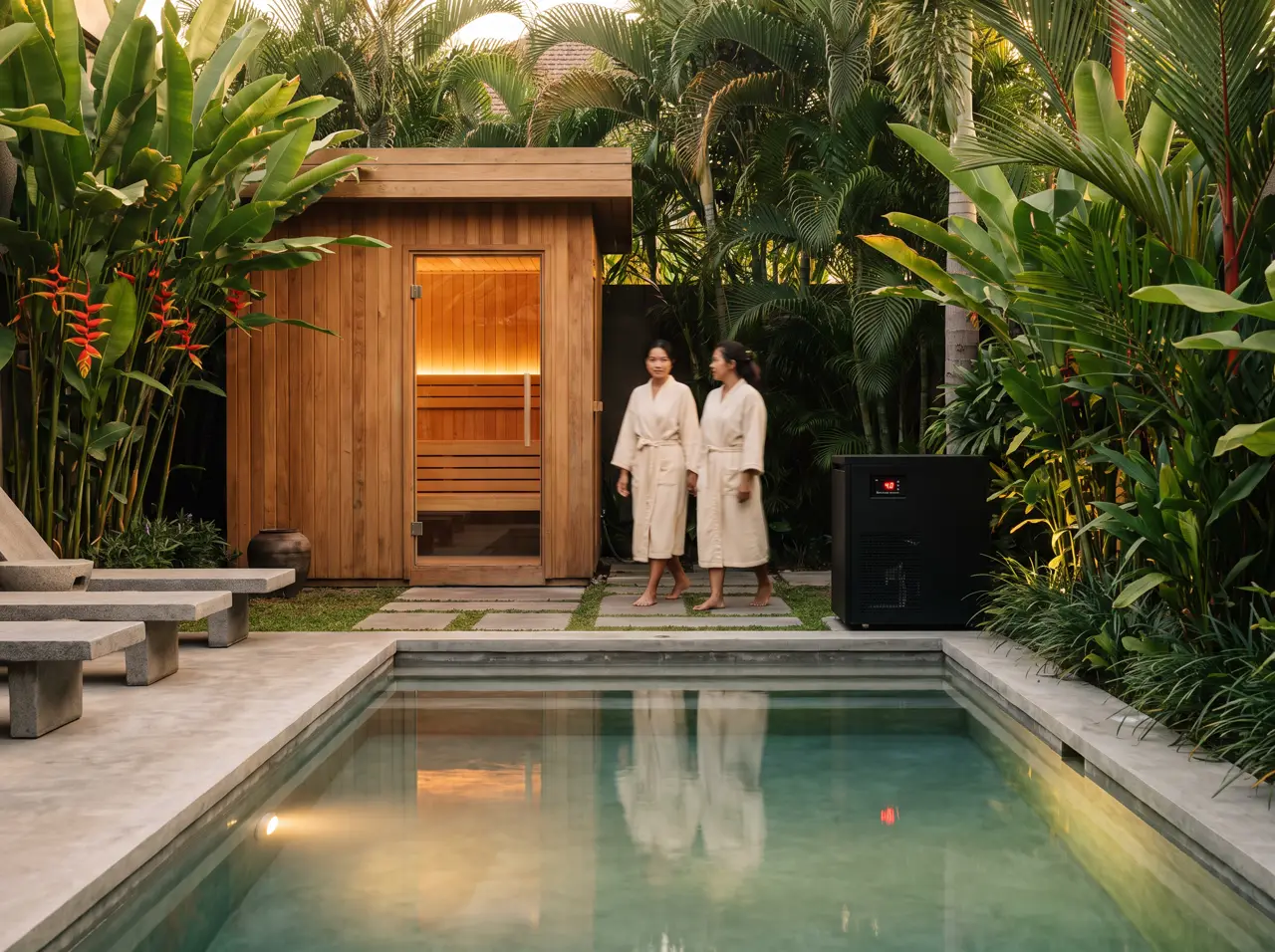 Halaman wellness pribadi dengan kabin sauna, cold plunge beton, bangku batu, dan sekat tanaman